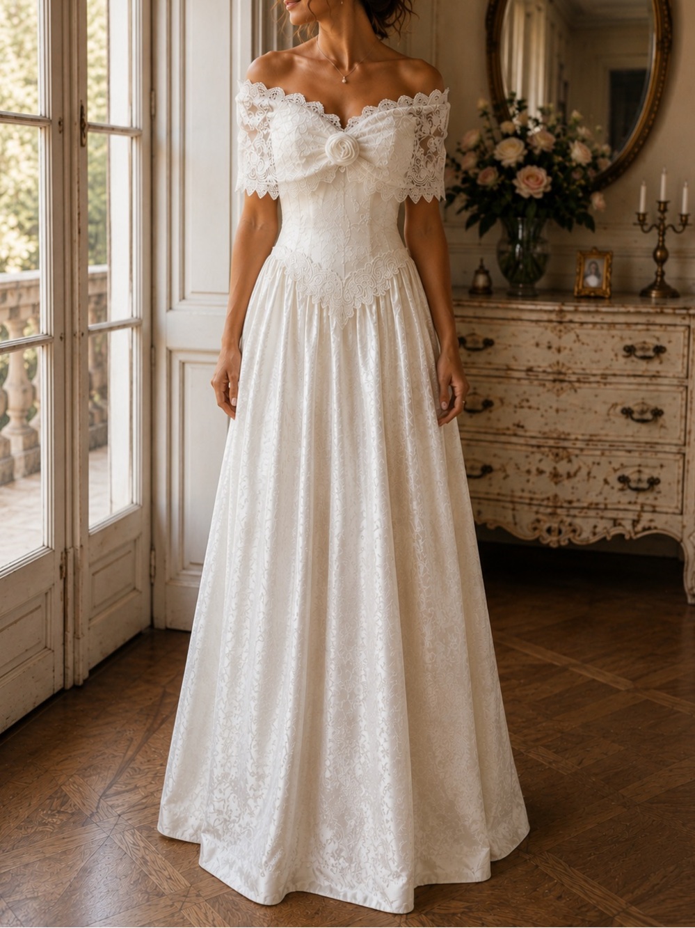 Vintage Jessica McClintock Bridal Wedding Dress Sz 6 Off Shoulder Lace 90s USA